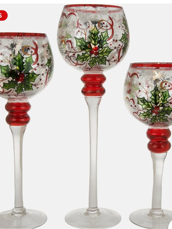 Other - Hand-Painted Holiday Stemmed  Candleholder Glasses with Holly Motif (Set of 3)